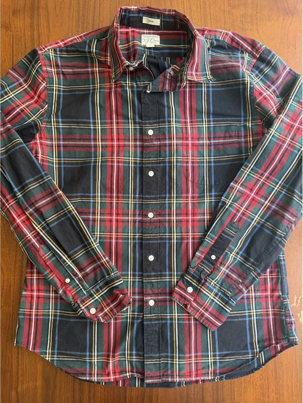 J.Crew Slim Fit Secret Wash Organic Cotton Black Tartan Plaid Shirt - Size L